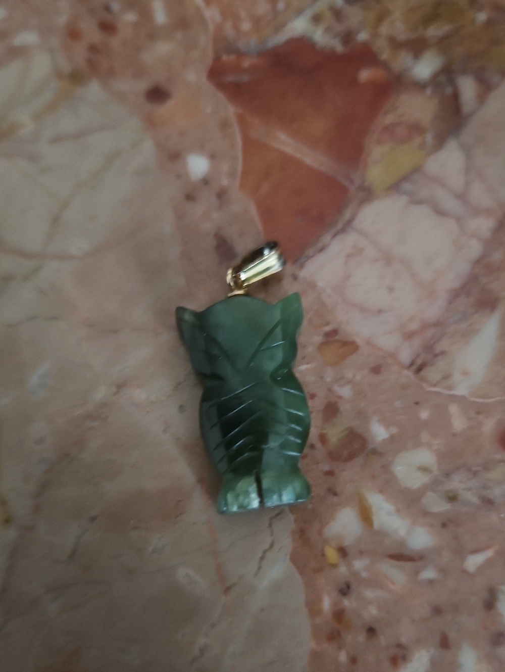 Hand-Carved Green Owl Jade Pendant with Gold Bail